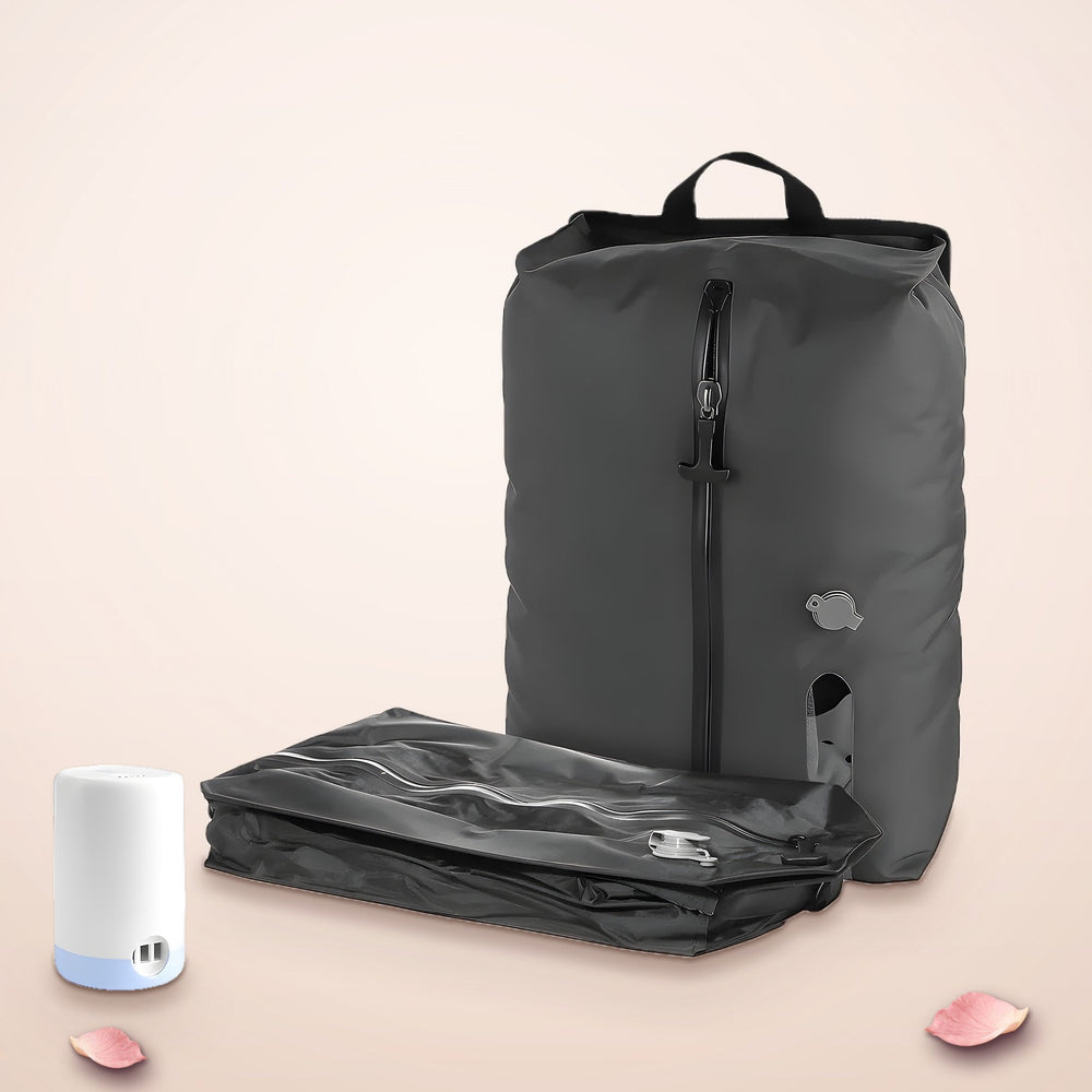 RosyIron vacuum packing cubes, one full and one vacuumed flat, with the electric air pump