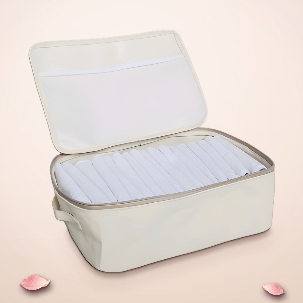 RosyIron canvas zippered storage box open with folded white shirts inside