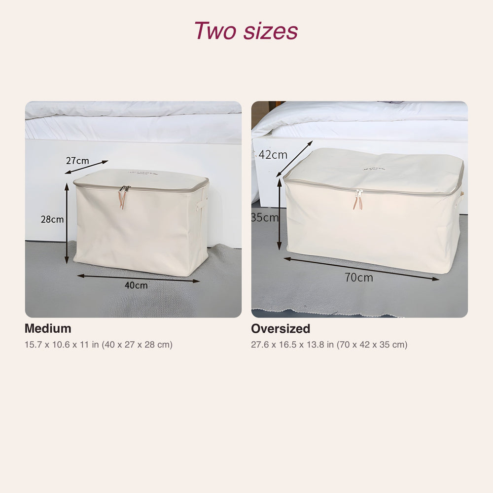 RosyIron canvas storage box sizes, Medium and Oversized with dimensions in inches and cm