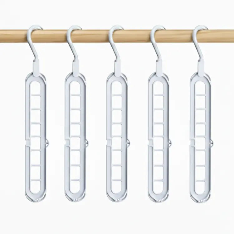 RosyIron space-saving hanger set, five white multi-slot hangers on a wooden rod