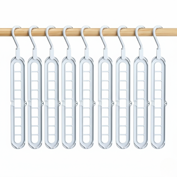RosyIron space-saving hangers, nine white multi-slot hangers hanging on a wooden rail