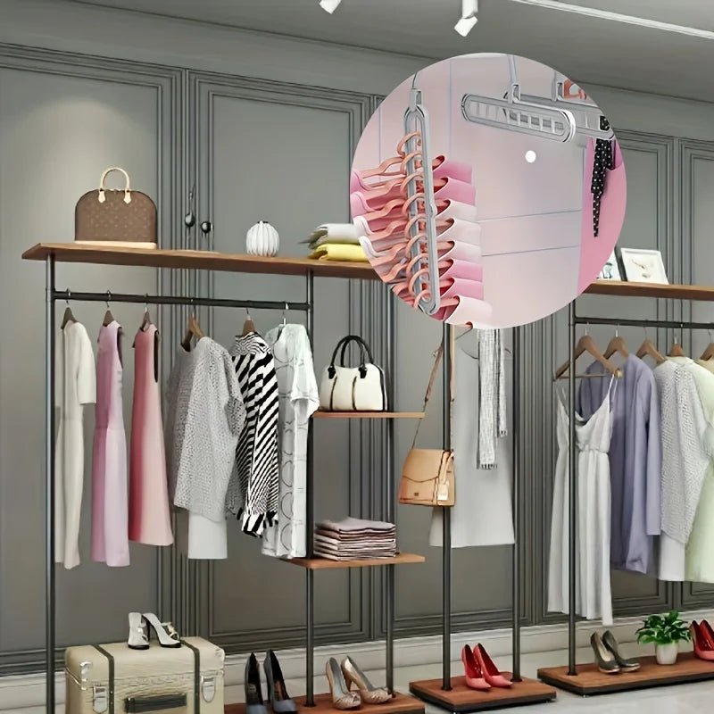 RosyIron space saver hanger in a retail-style wardrobe display with close-up of stacked tops