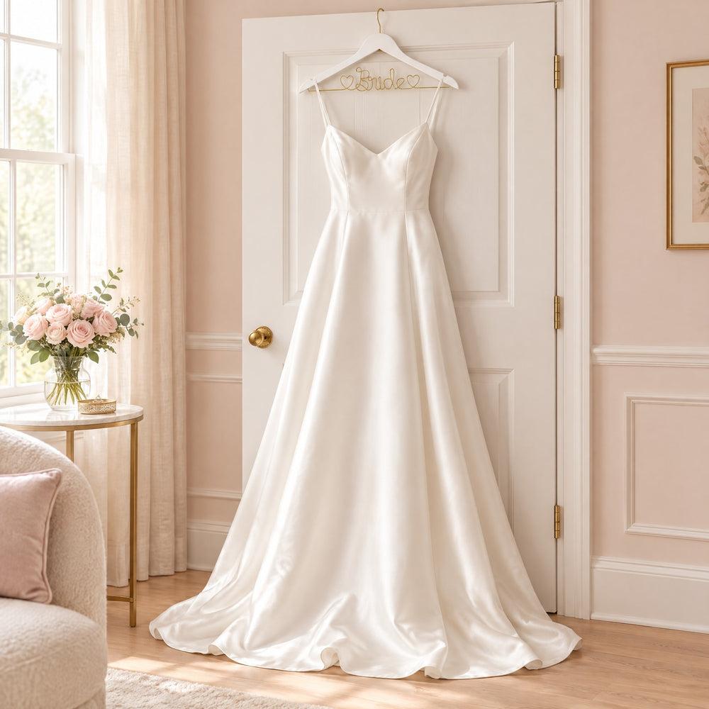 RosyIron Bride hanger holding an ivory satin wedding gown over a white door in a bright bridal suite
