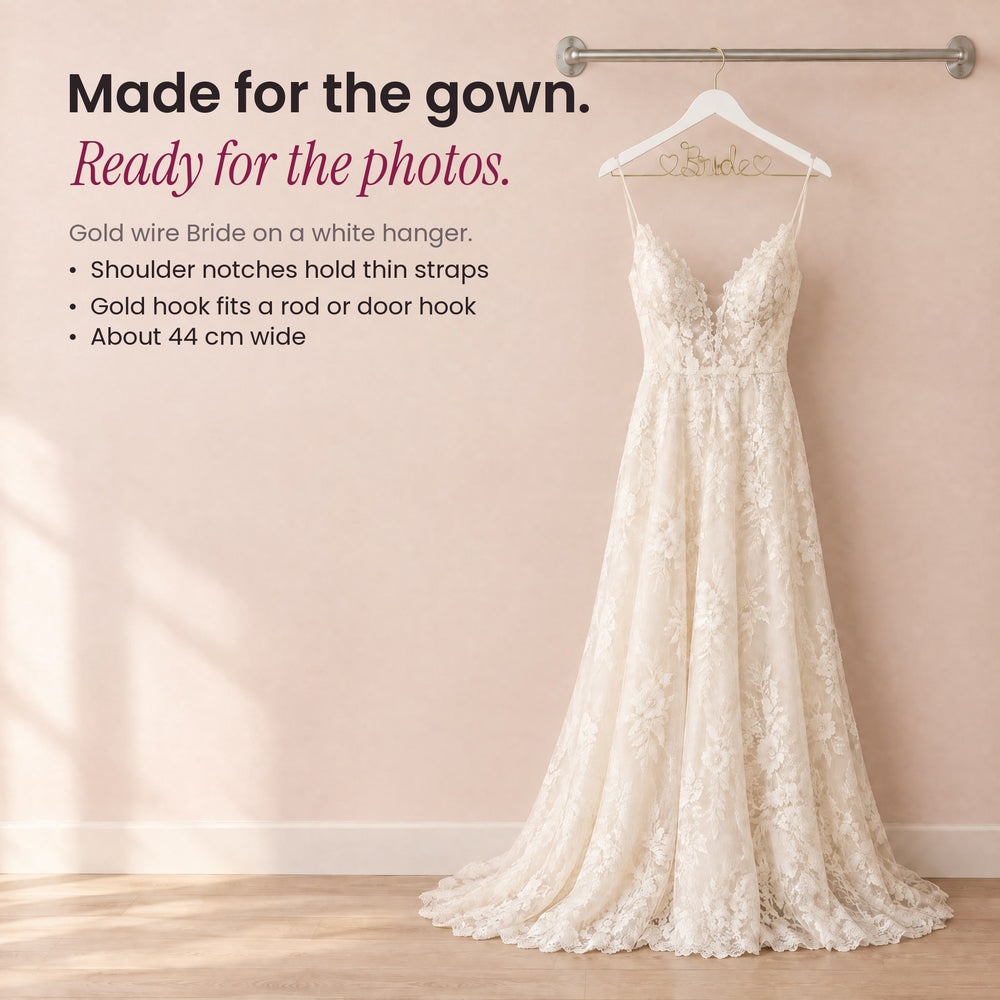RosyIron Bride wedding dress hanger holding a lace wedding gown on a brushed silver wall rail