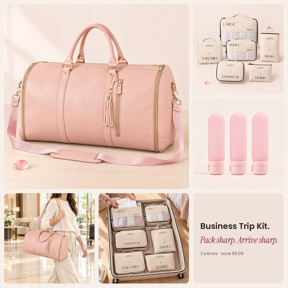 RosyIron Business Trip Kit with pink garment duffel bag, packing cubes and silicone travel bottles