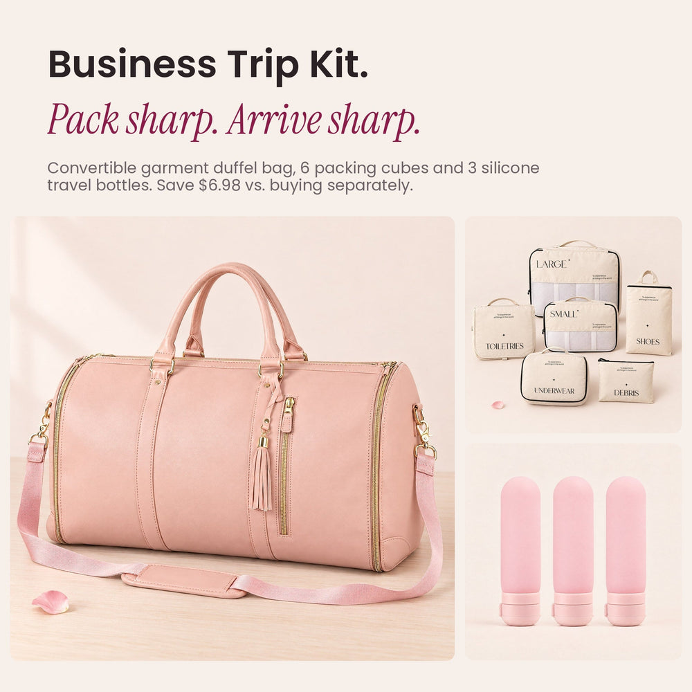 What's in the RosyIron Business Trip Kit: convertible garment duffel bag, 6 packing cubes, 3 silicone travel bottles