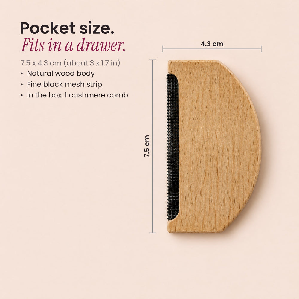 RosyIron cashmere comb size guide showing 7.5 x 4.3 cm half-moon wooden comb with mesh strip