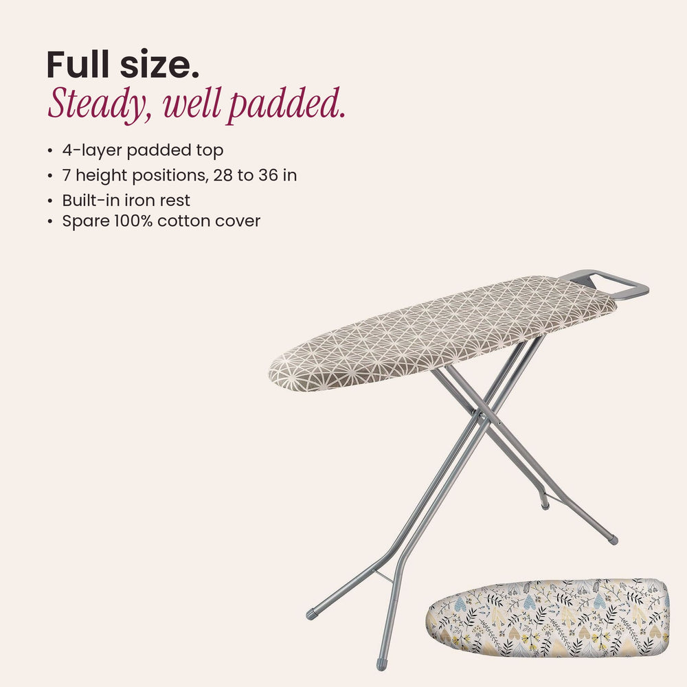 RosyIron full-size ironing board with spare cotton cover, 4-layer padding, 7 heights and built-in iron rest