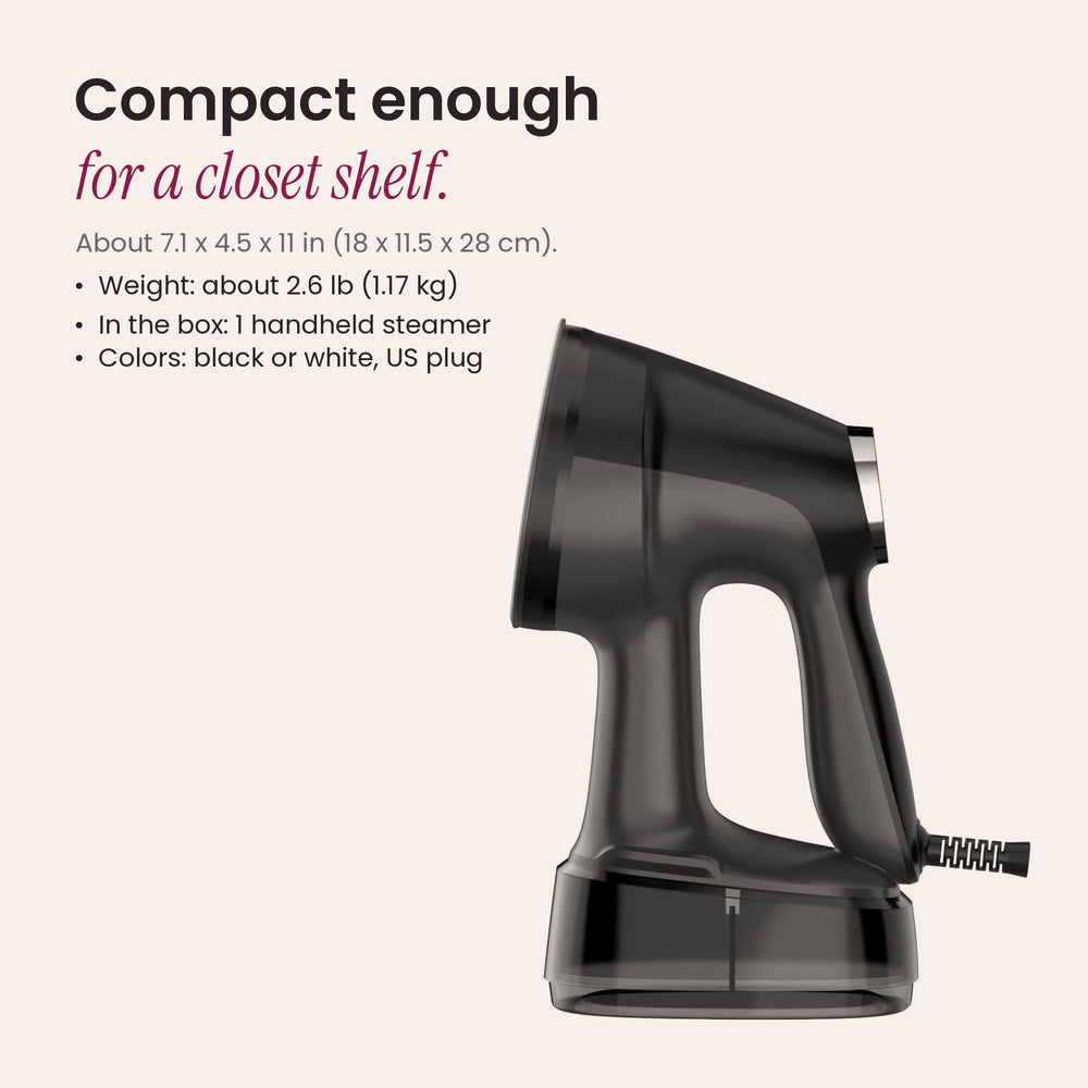 RosyIron handheld garment steamer size, about 7.1 x 4.5 x 11 inches and 2.6 lb
