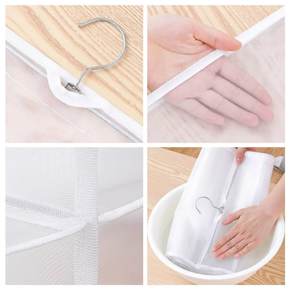 RosyIron handbag organizer details: metal hook, soft white trim, breathable mesh seams and easy hand washing
