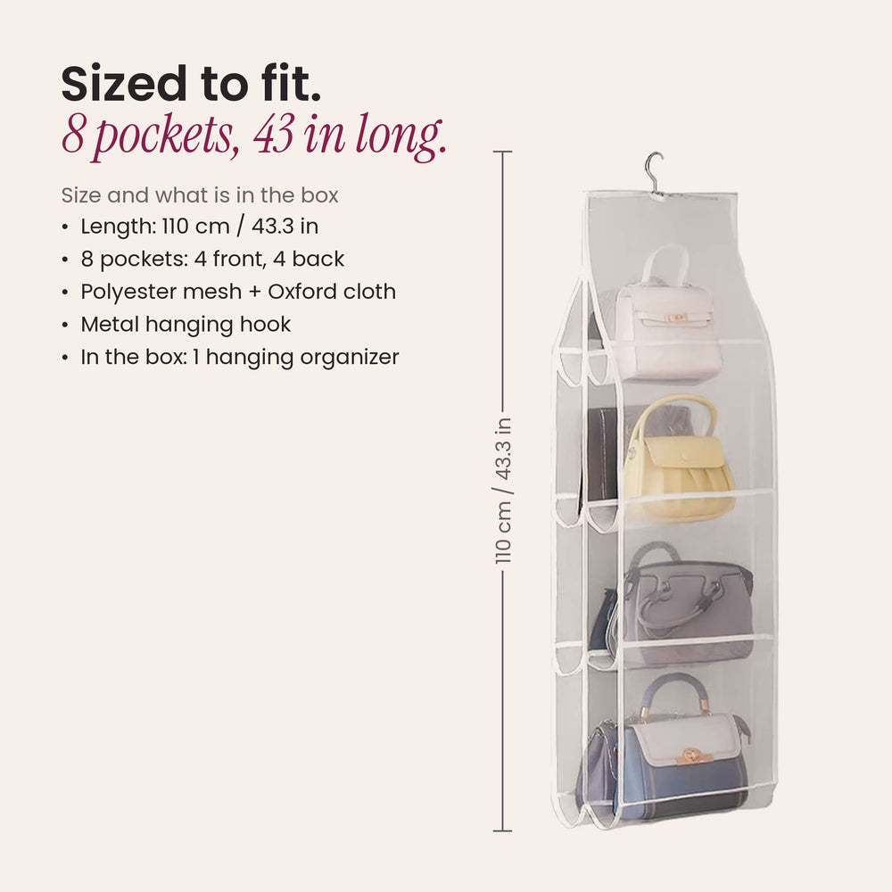 RosyIron hanging handbag organizer size: 43.3 inches long, eight pockets, polyester mesh and Oxford cloth