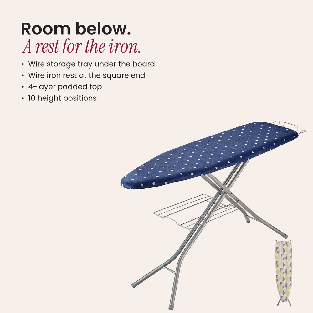 RosyIron ironing board with wire storage tray under the top, wire iron rest and spare cotton cover