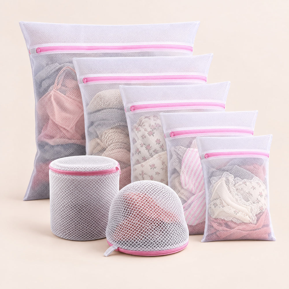 RosyIron mesh laundry bags, set of 7 with pink zips