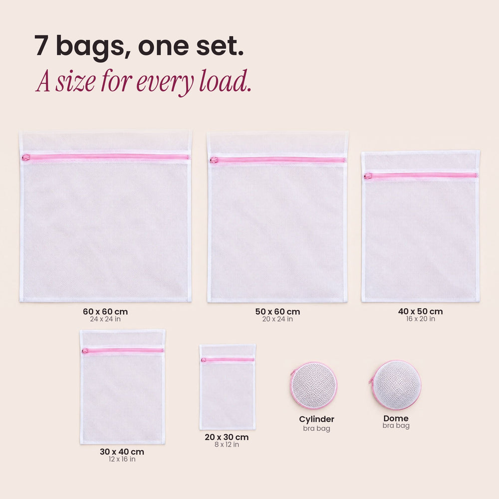 RosyIron mesh laundry bag size guide: five bags from 60 x 60 to 20 x 30 cm, two bra bags