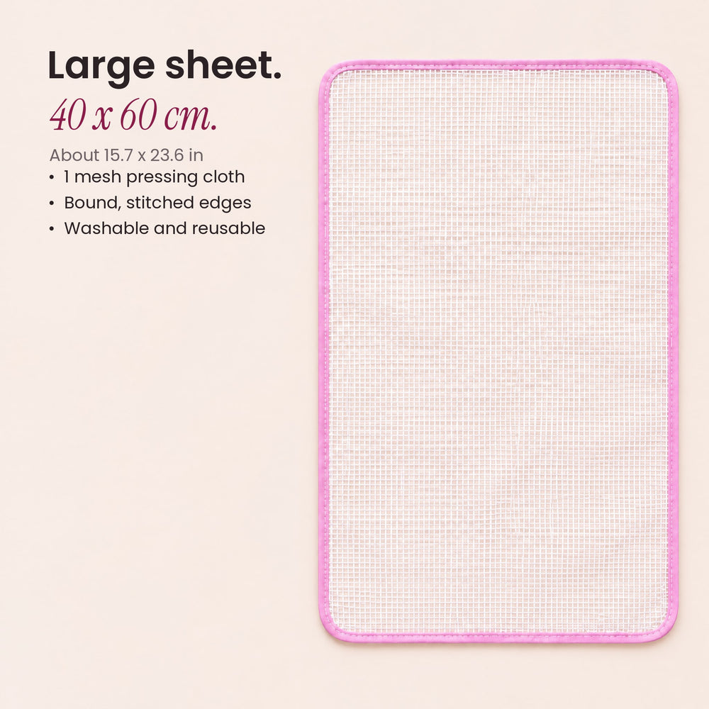 RosyIron mesh pressing cloth laid flat, one large 40 x 60 cm sheet with bound and stitched edges