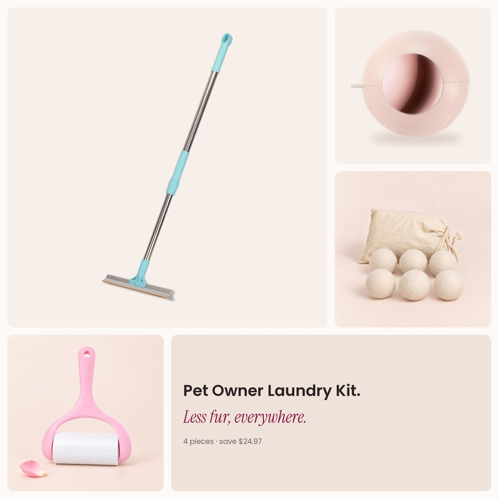 RosyIron Pet Owner Laundry Kit with pet hair rake, gel lint roller, wool dryer balls and sticky lint roller