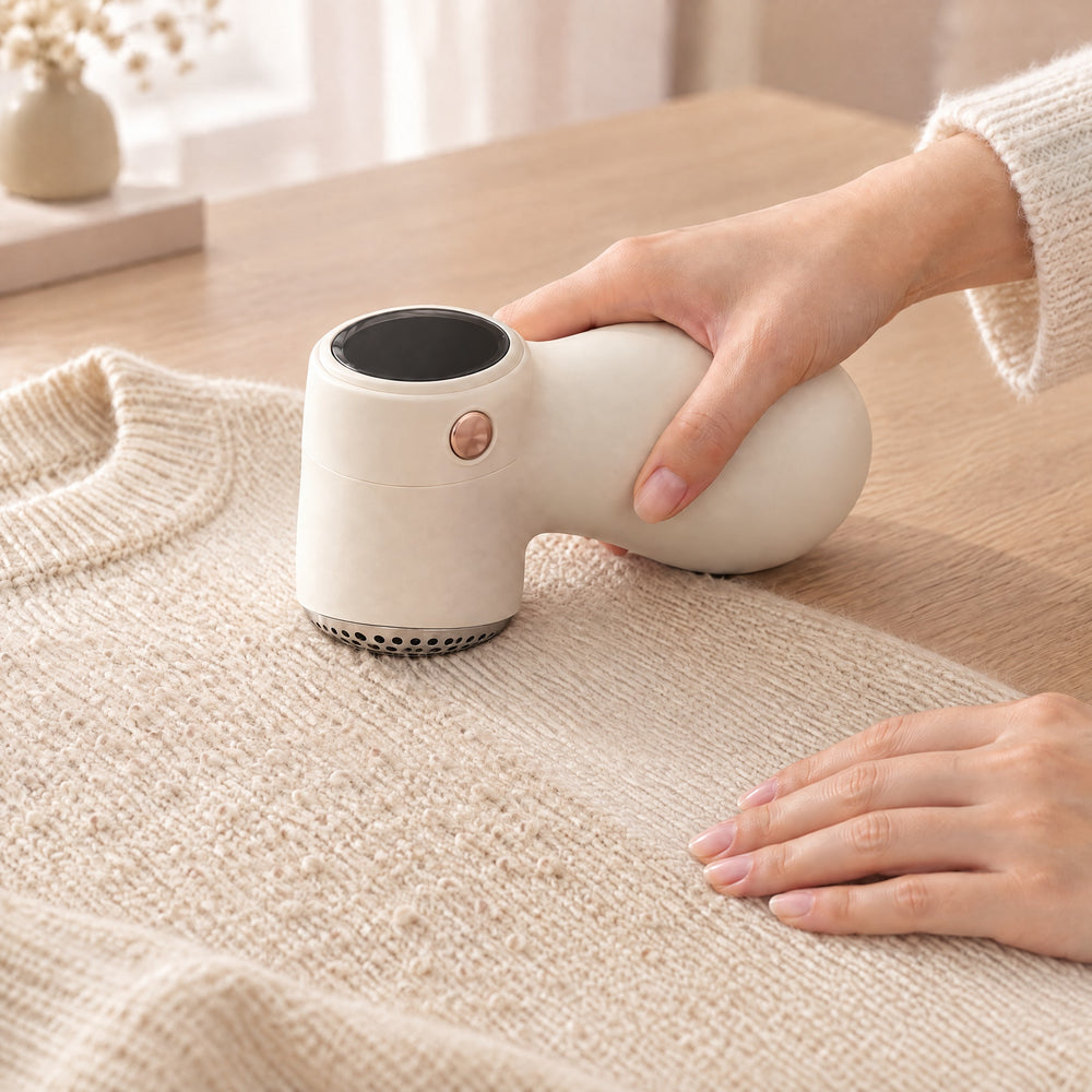 RosyIron fabric shaver removing pills from a cream knit sweater on a light wood table