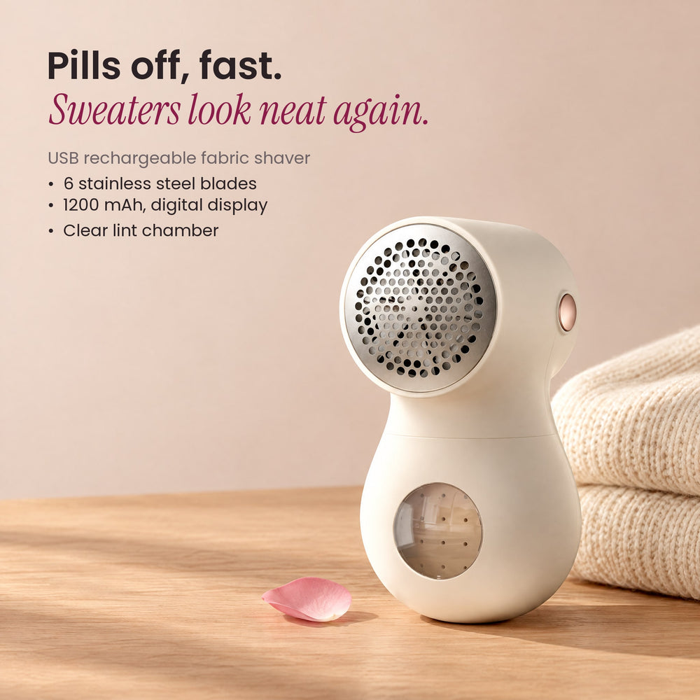 RosyIron fabric shaver next to a folded cream sweater with key features: 6 blades, 1200 mAh battery, lint chamber