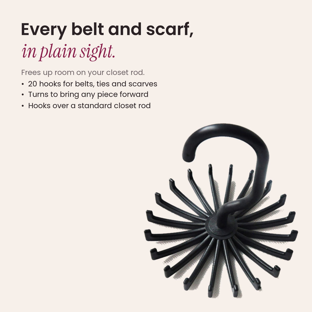 RosyIron rotating hanger with 20 hooks keeps belts, ties and scarves visible in the closet