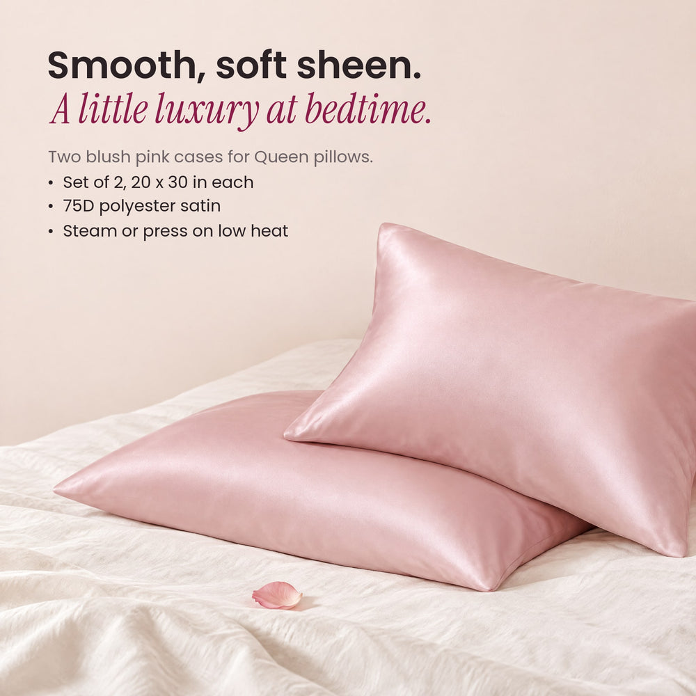RosyIron pink satin pillowcases stacked on cream bed linen with text about size and material