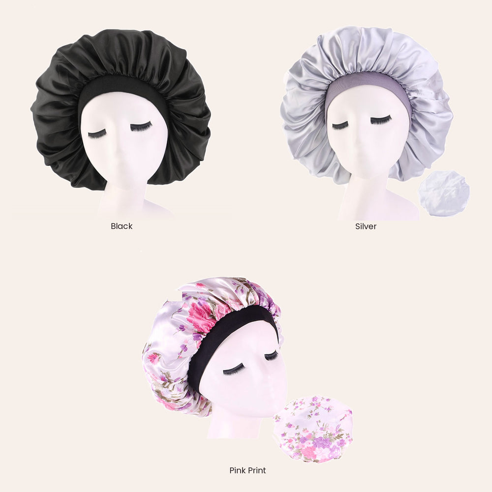 RosyIron satin sleep bonnet colours side by side: Black, Silver and Pink Print floral satin