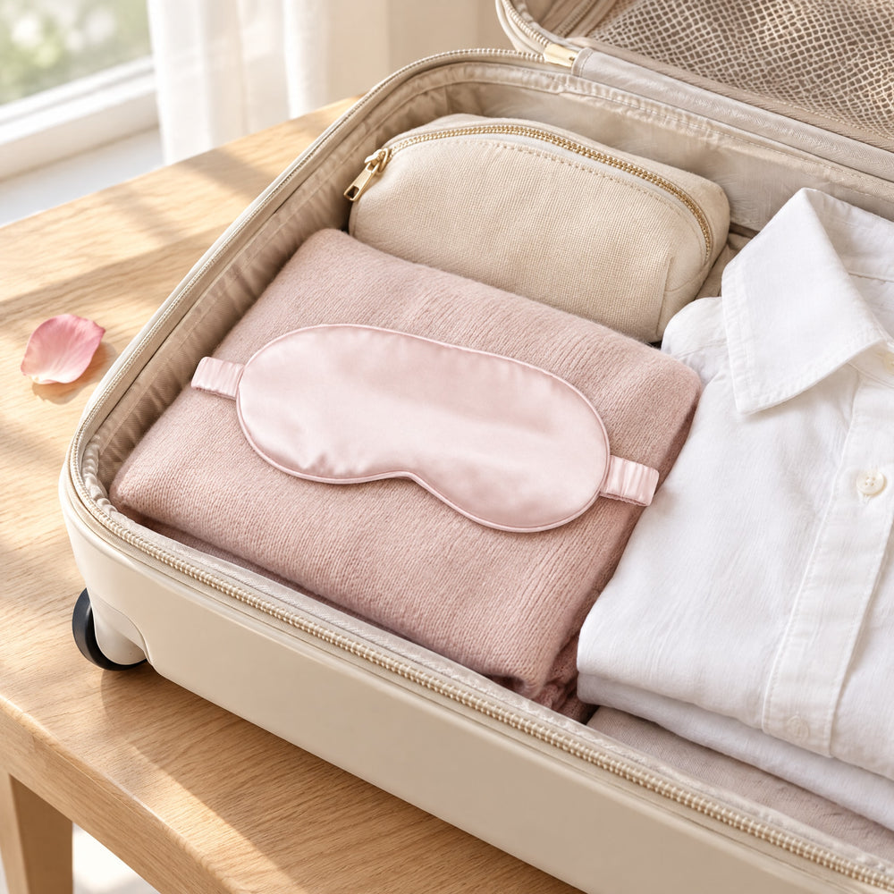 RosyIron blush pink satin sleep mask packed on a folded sweater in an open carry-on suitcase
