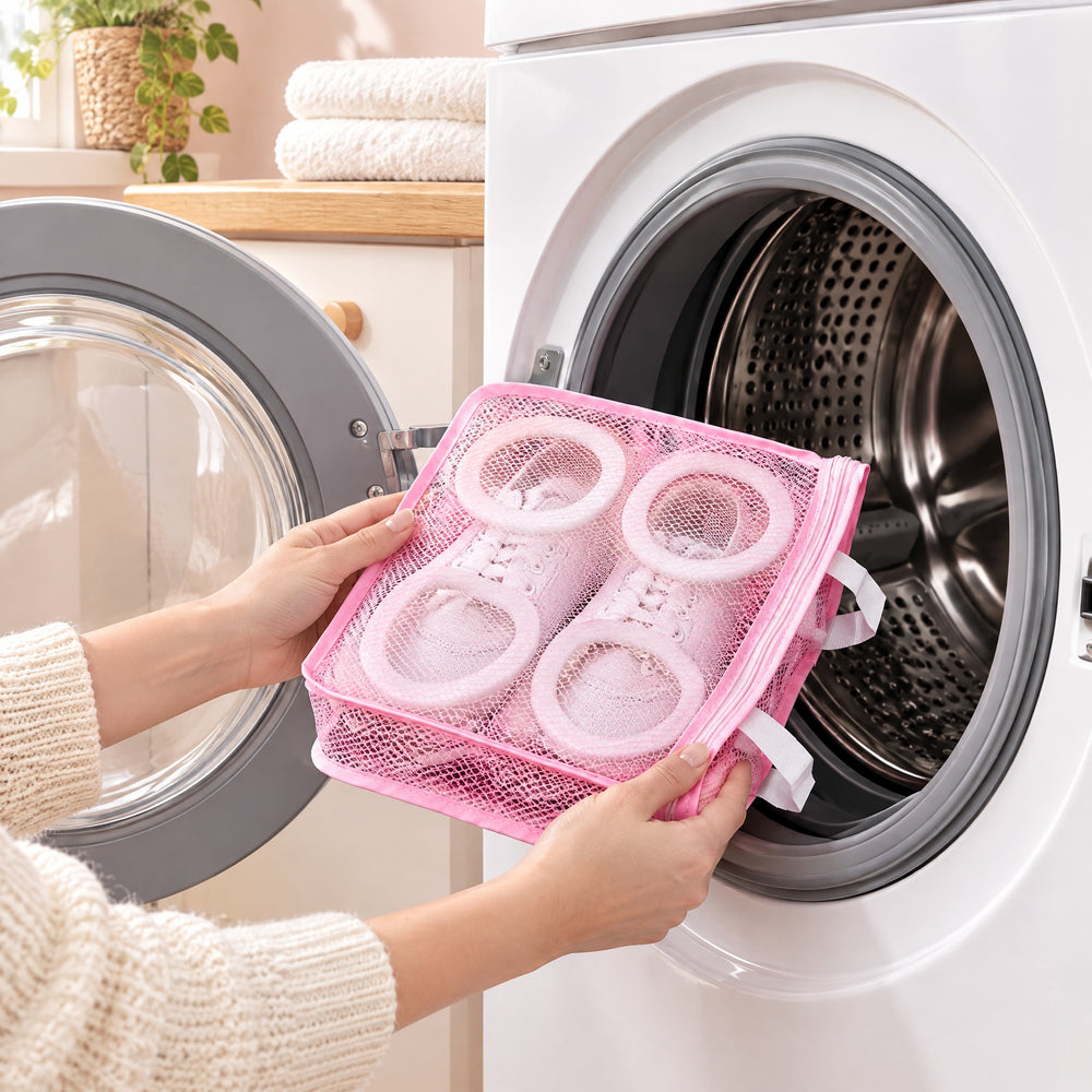 RosyIron pink mesh shoe wash bag with white sneakers inside being placed into a front-loading washing machine