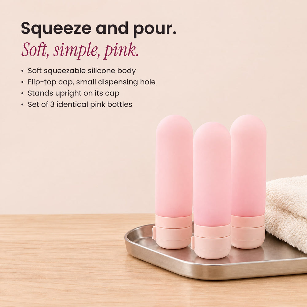 RosyIron three pink silicone travel bottles on a silver tray with soft body and flip-top caps