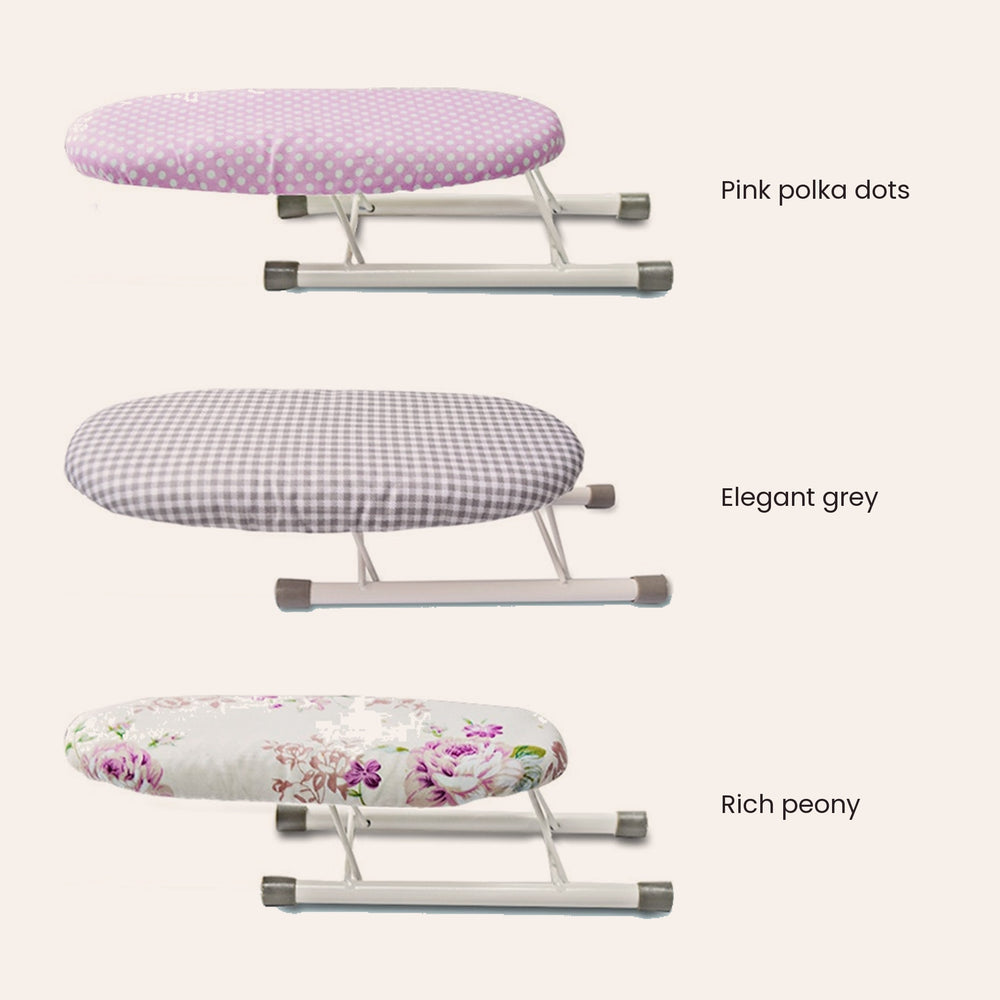 RosyIron mini sleeve ironing board in three covers: pink polka dots, elegant grey and rich peony