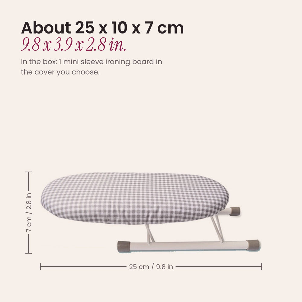 RosyIron mini sleeve ironing board size guide, about 25 x 10 x 7 cm or 9.8 x 3.9 x 2.8 in