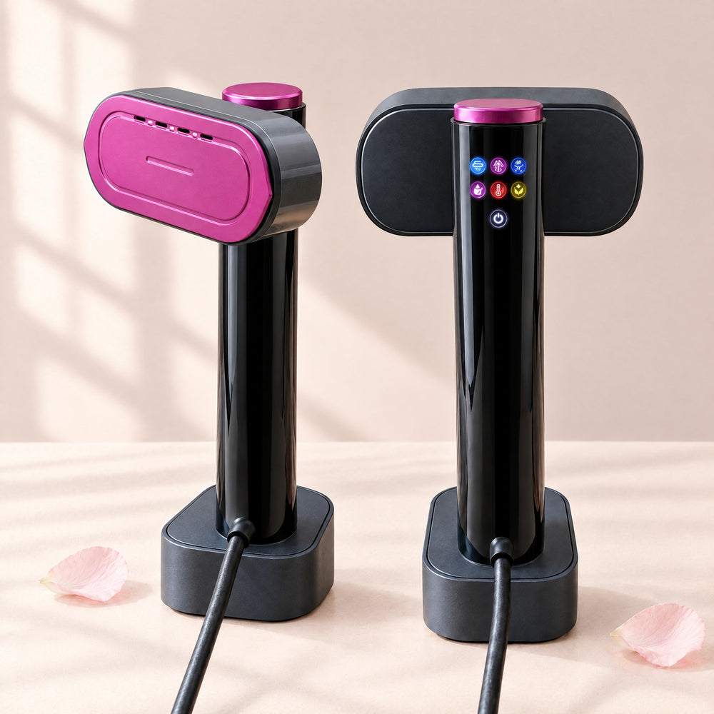 Two RosyIron SteamStand steamers, one turned to show the magenta steam plate, one showing the touch panel