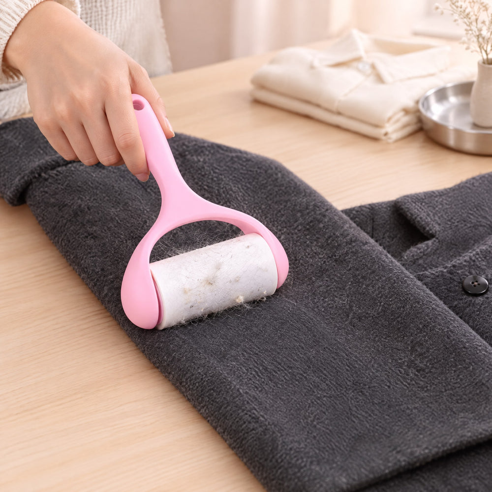 RosyIron sticky lint roller lifting pet hair and fluff from the sleeve of a charcoal wool coat