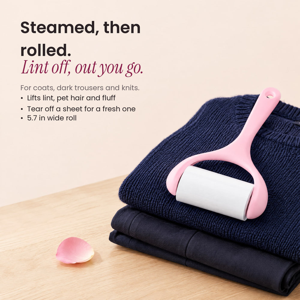 RosyIron sticky lint roller resting on a folded navy sweater and dark trousers, with key benefits
