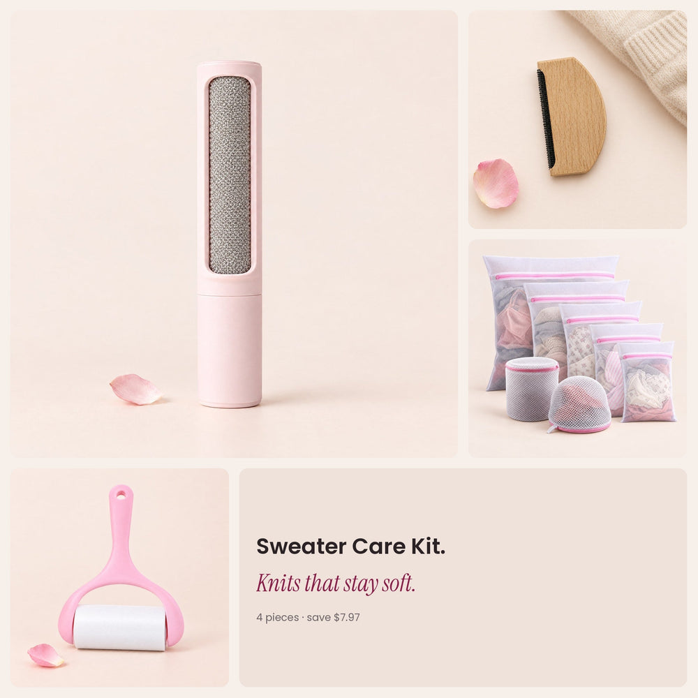 RosyIron Sweater Care Kit with pink velvet lint brush, cashmere comb, mesh laundry bags and sticky lint roller