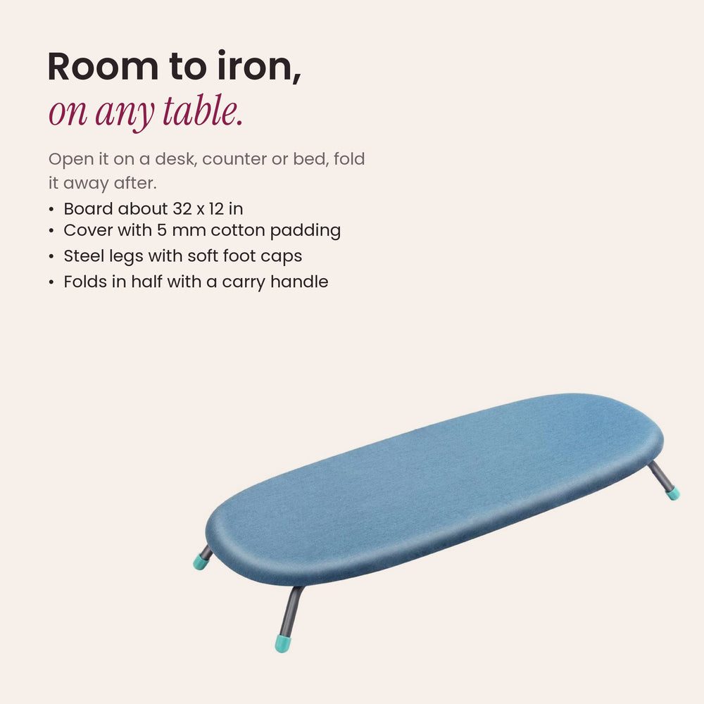 RosyIron tabletop ironing board benefits: 32 x 12 inch padded surface, steel legs, folds in half