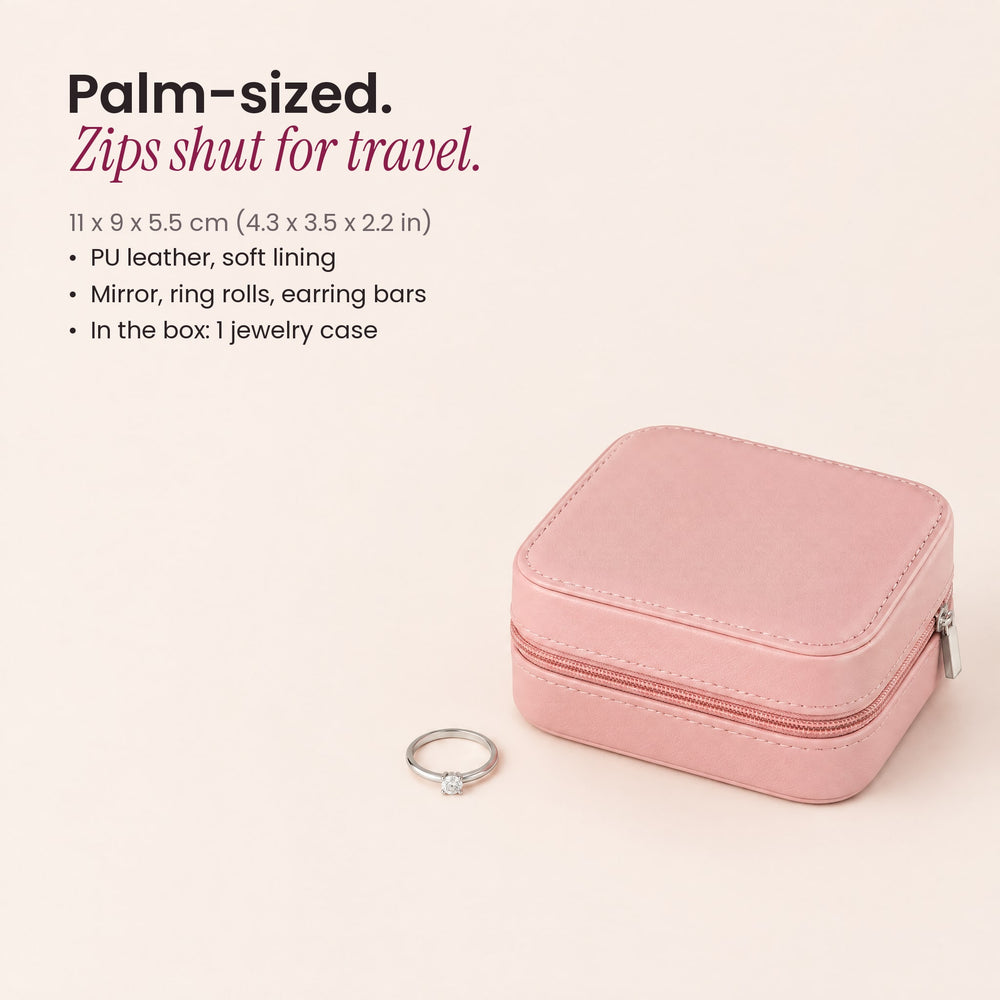 RosyIron closed pink jewelry case beside a ring for scale, 11 x 9 x 5.5 cm with zip closure
