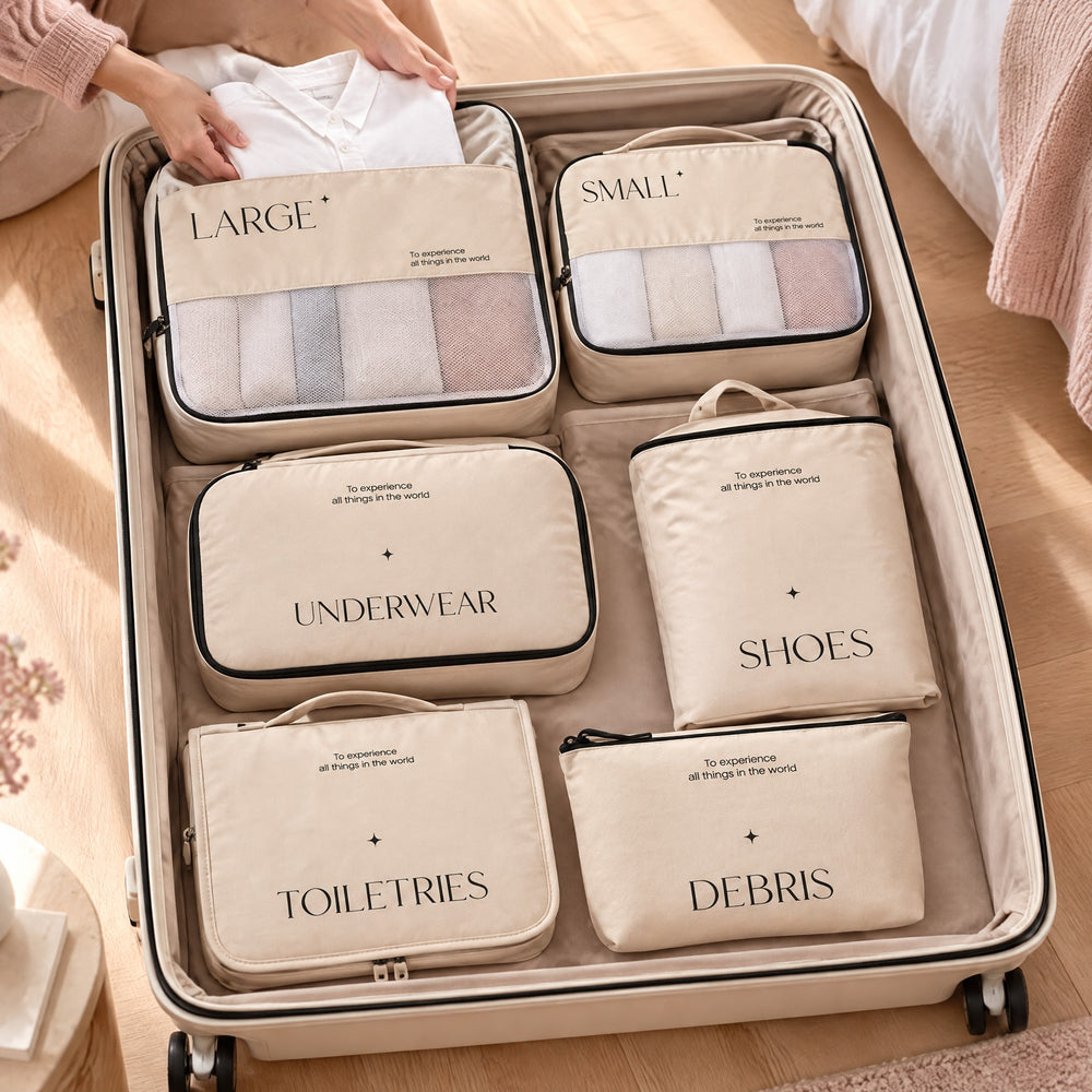 RosyIron cream packing cubes laid flat in an open suitcase while hands add a folded white shirt