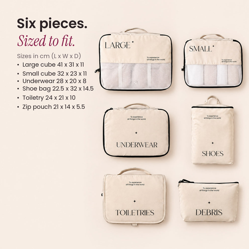RosyIron six-piece packing cubes set laid out flat with the size of each bag in centimeters