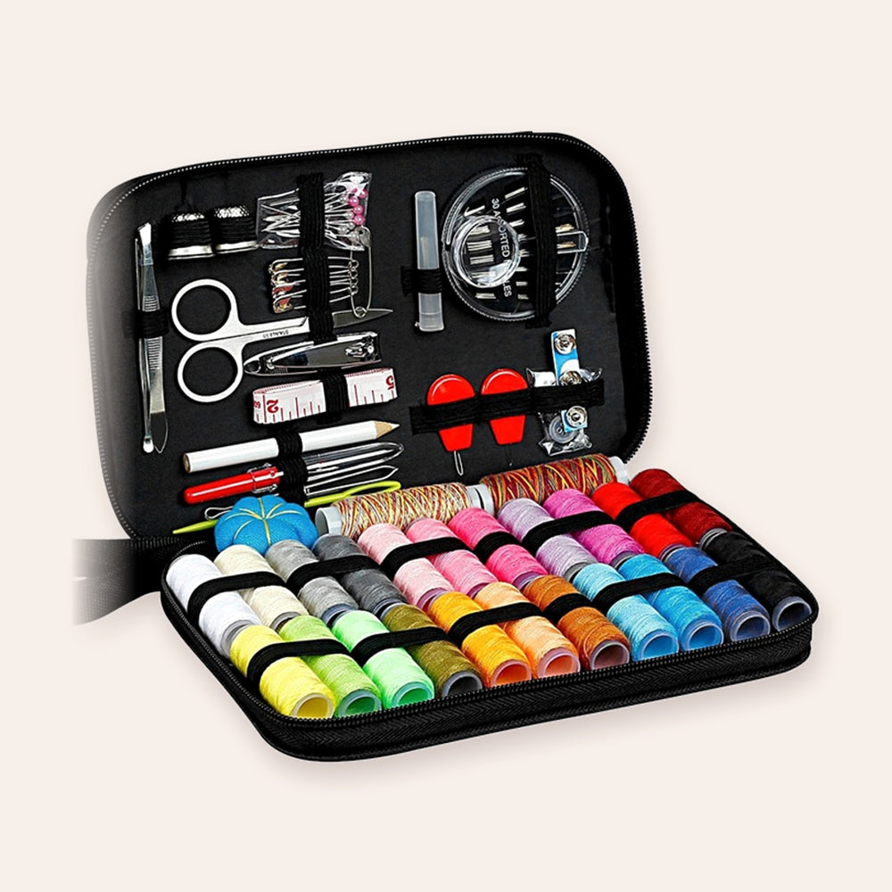 RosyIron travel sewing kit, 98 pieces in a black zip case with thread spools, scissors and needles
