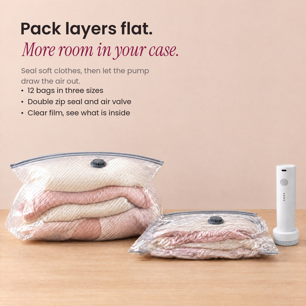 RosyIron vacuum bags before and after compression, a full bag of knitwear next to a flat sealed bag and pump