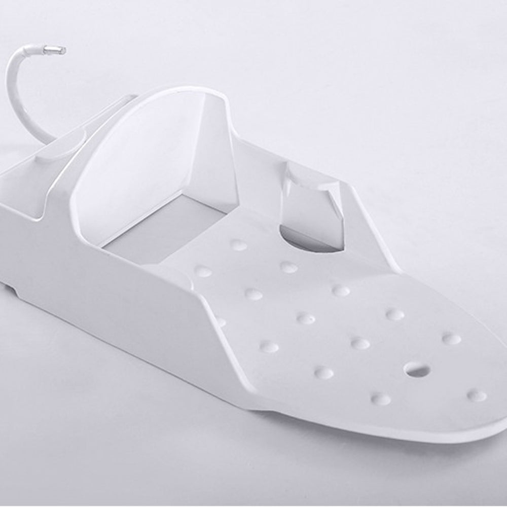RosyIron iron holder close-up showing the iron-shaped cradle, raised dots, cord tray and coated hooks