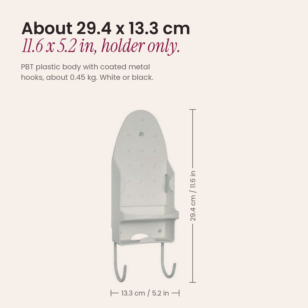RosyIron wall-mount iron holder size guide showing about 29.4 x 13.3 cm, 11.6 x 5.2 in
