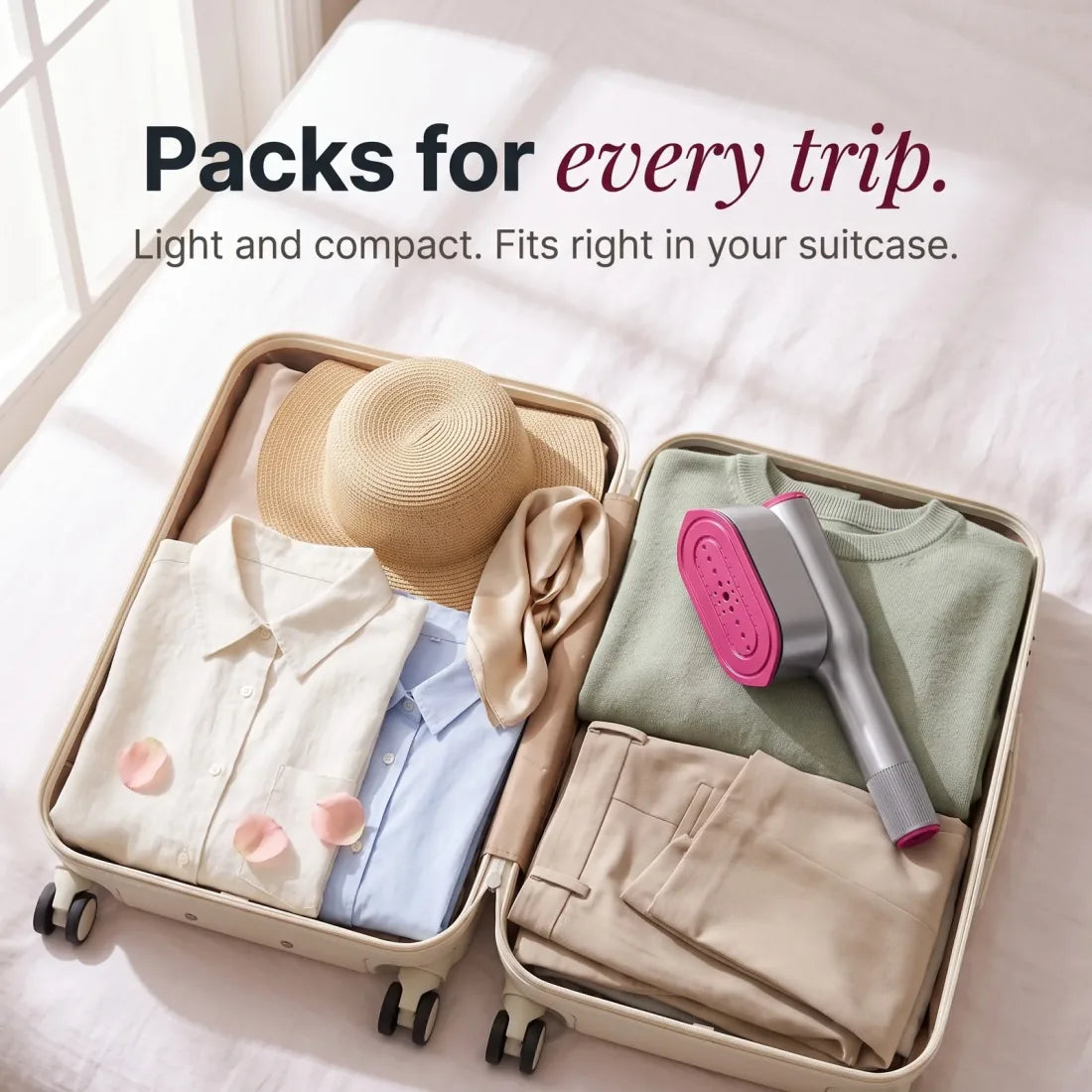 RosyIron SteamerPro packed in a suitcase for travel