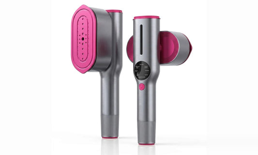 RosyIron handheld garment steamer in brushed silver and pink, front and side view