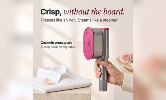 RosyIron SteamerPro ceramic press plate held next to a folded white shirt on a table, no ironing board