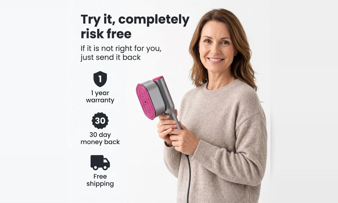 Woman holding the RosyIron handheld steamer at home