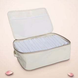 RosyIron canvas zippered storage box open with folded white shirts inside