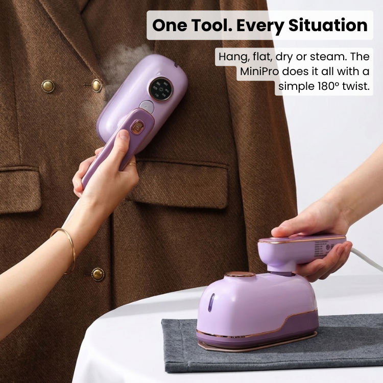 RosyIron MiniPro steaming a brown blazer upright and pressing flat on a table with a 180° twist