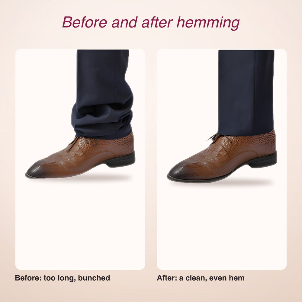 RosyIron iron-on hem tape before and after: trousers too long, then hemmed to a clean, even length