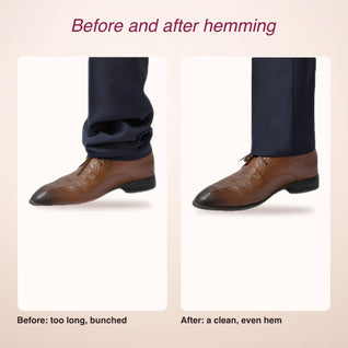 RosyIron iron-on hem tape before and after: trousers too long, then hemmed to a clean, even length